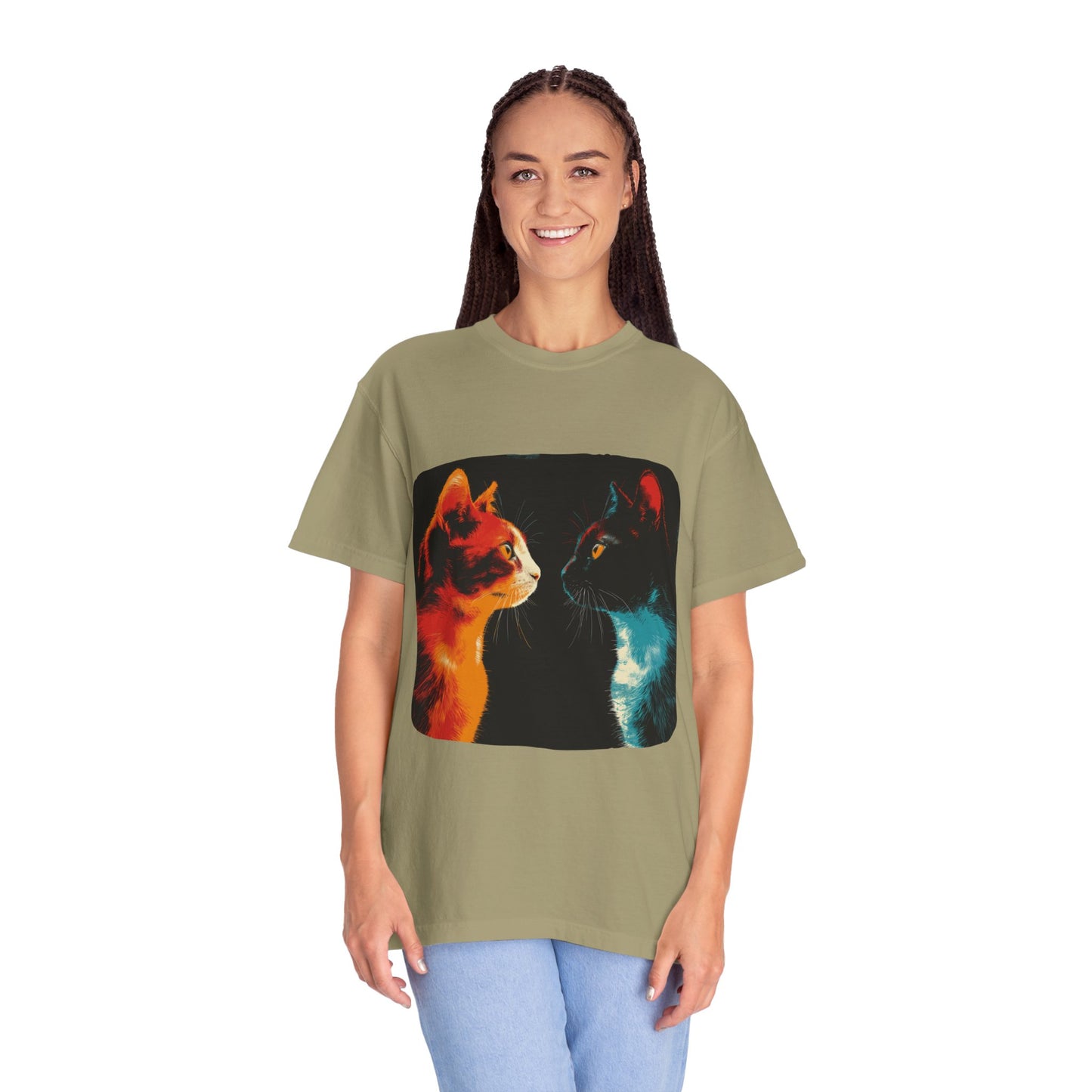 2 cats facing off, cute, cat shirt