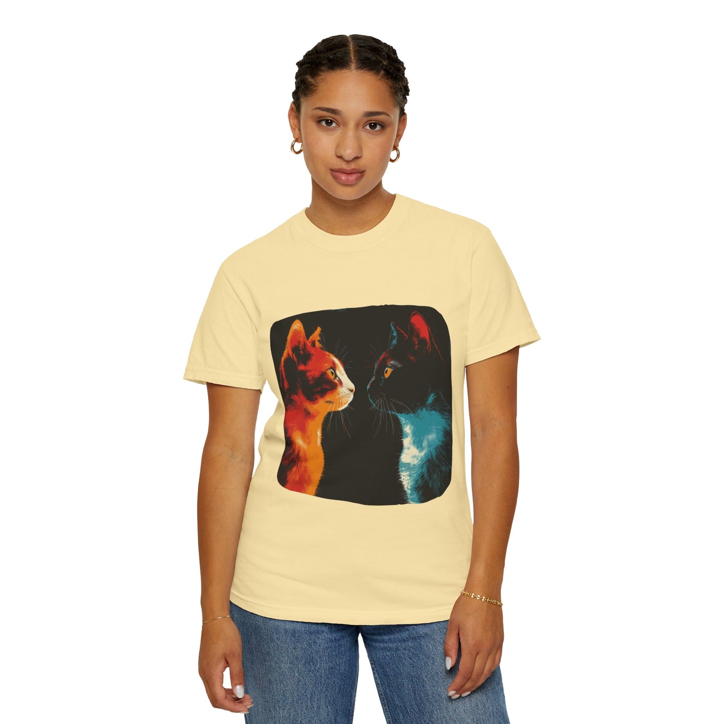 2 cats facing off, cute, cat shirt