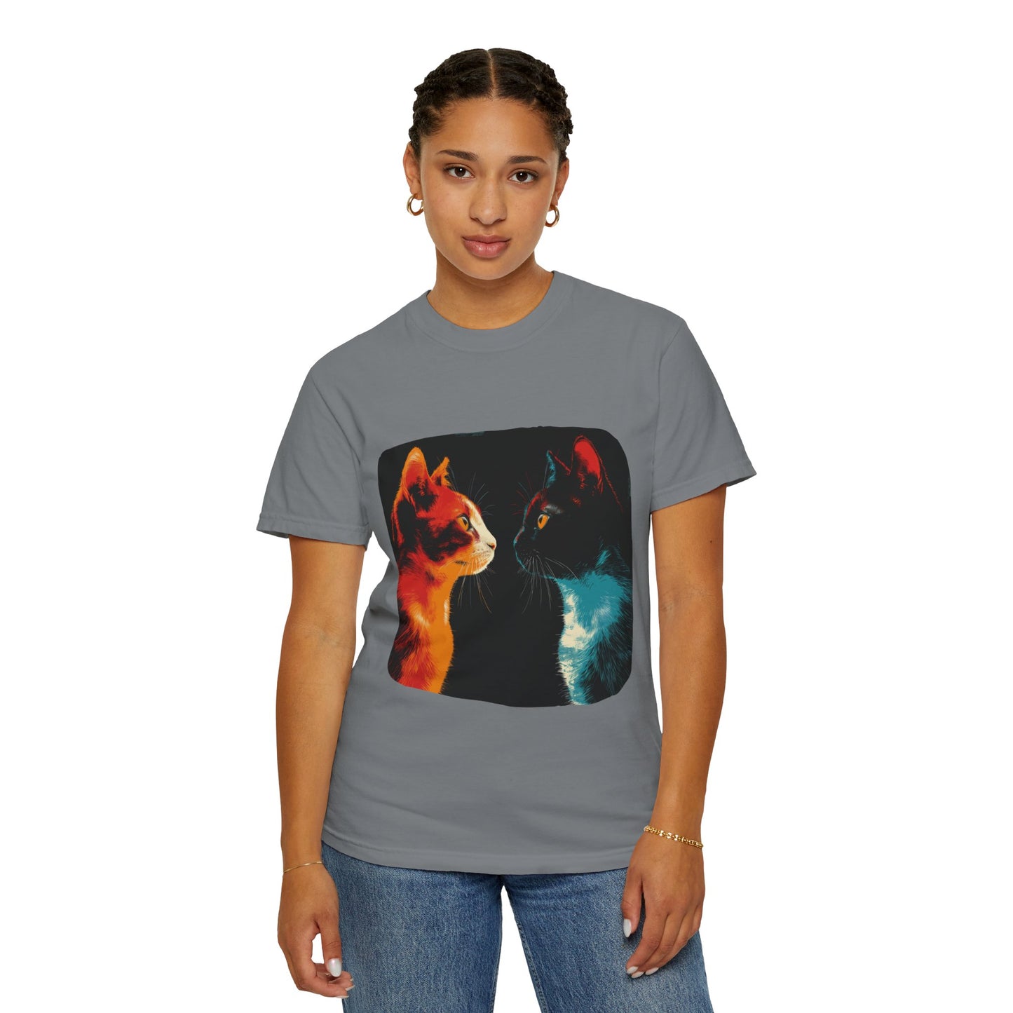 2 cats facing off, cute, cat shirt