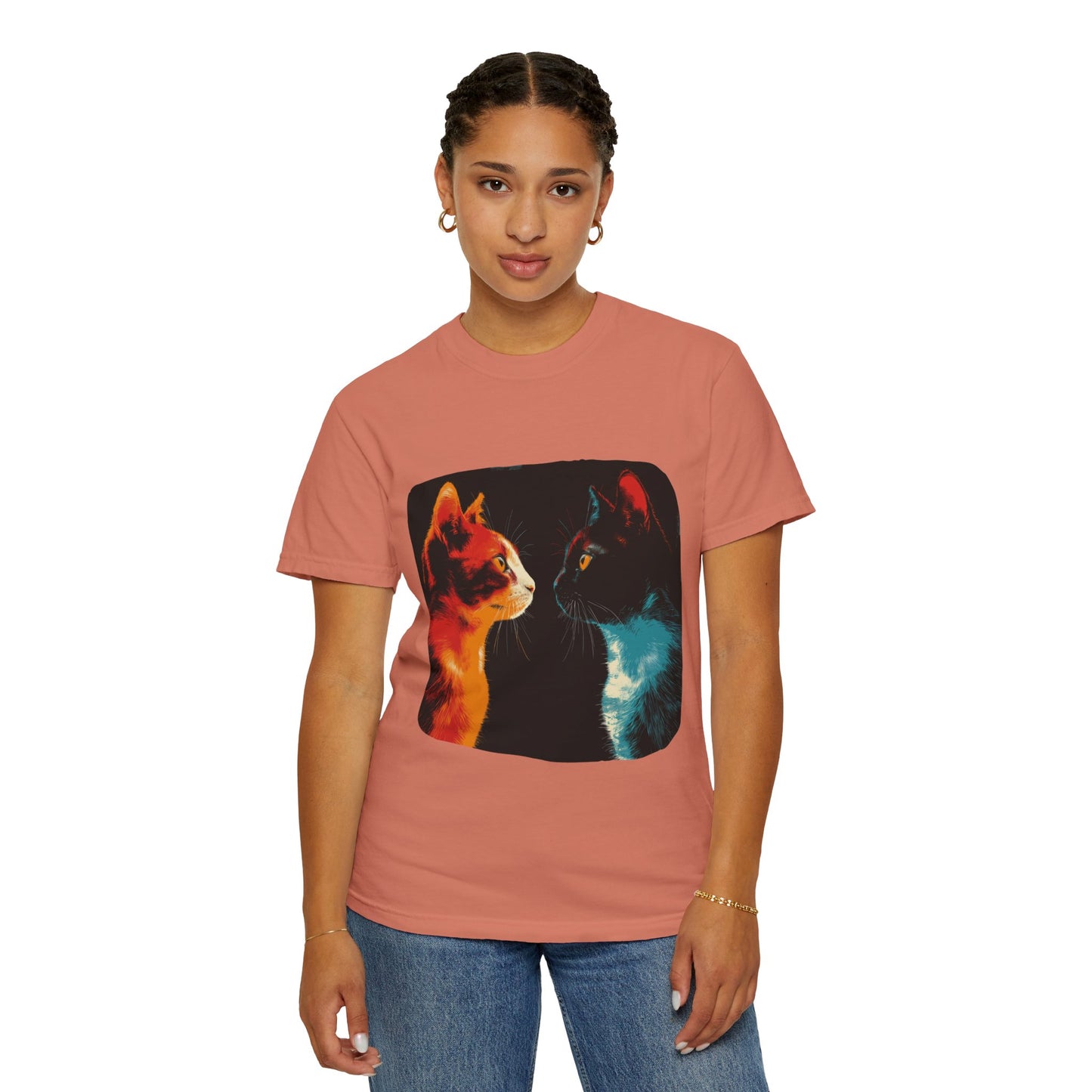 2 cats facing off, cute, cat shirt