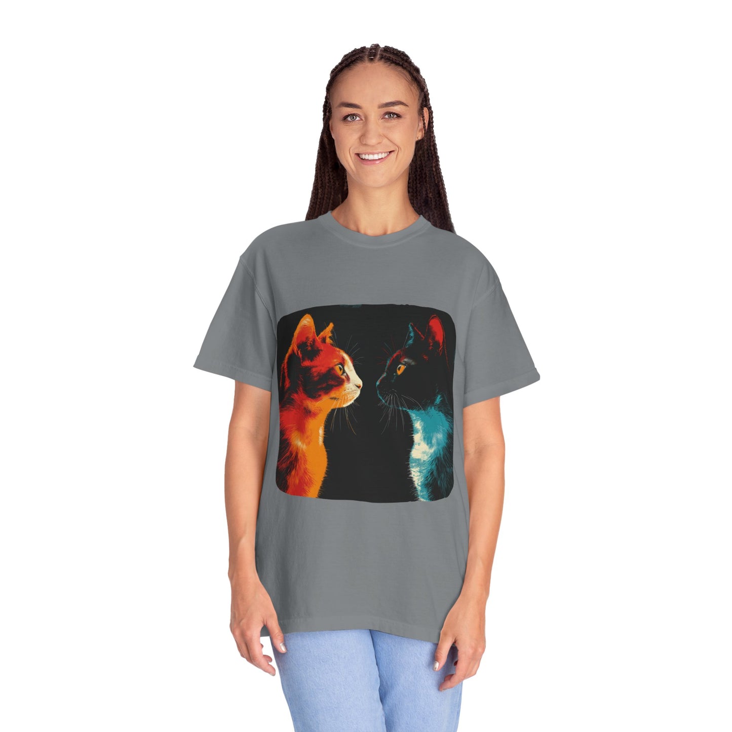 2 cats facing off, cute, cat shirt